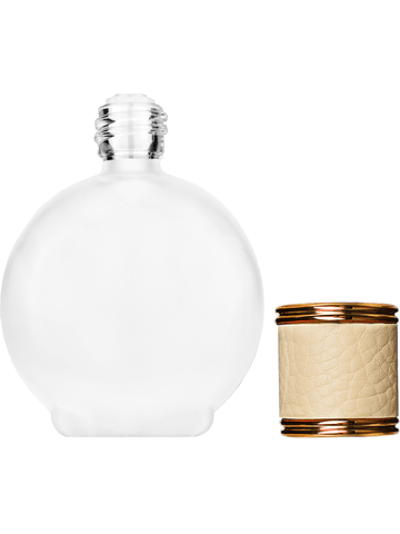 Round design 78 ml, 2.65oz frosted glass bottle with reducer and ivory faux leather cap.