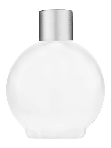 Round design 78 ml, 2.65oz frosted glass bottle with reducer and silver matte cap.