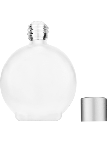 Round design 78 ml, 2.65oz frosted glass bottle with reducer and silver matte cap.