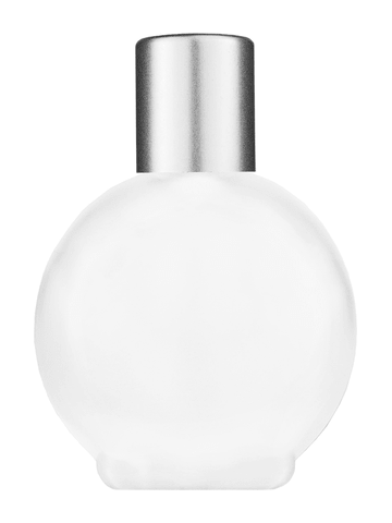 Round design 78 ml, 2.65oz frosted glass bottle with reducer and tall silver matte cap.