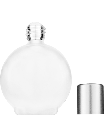 Round design 78 ml, 2.65oz frosted glass bottle with reducer and tall silver matte cap.