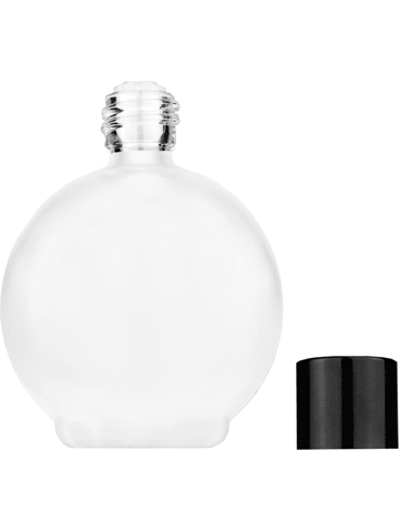 Round design 78 ml, 2.65oz frosted glass bottle with reducer and black shiny cap.