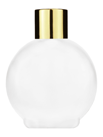 Round design 78 ml, 2.65oz frosted glass bottle with reducer and shiny gold cap.