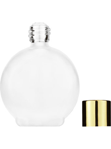 Round design 78 ml, 2.65oz frosted glass bottle with reducer and shiny gold cap.