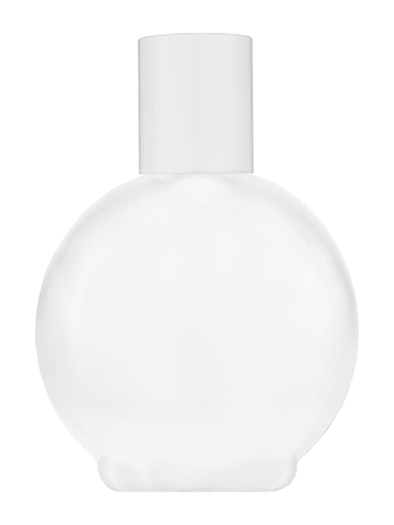 Round design 78 ml, 2.65oz frosted glass bottle with reducer and white cap.