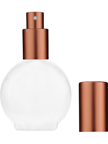 Round design 78 ml, 2.65oz frosted glass bottle with matte copper spray pump.