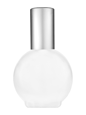 Round design 78 ml, 2.65oz frosted glass bottle with matte silver spray pump.