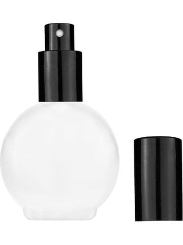 Round design 78 ml, 2.65oz frosted glass bottle with shiny black spray pump.