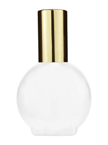 Round design 78 ml, 2.65oz frosted glass bottle with shiny gold spray pump.