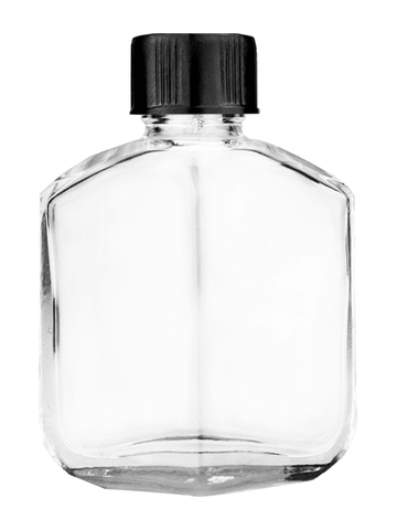 Royal design 13ml, 1/2oz Clear glass bottle with short black ridged cap.