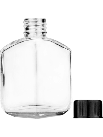 Royal design 13ml, 1/2oz Clear glass bottle with short black ridged cap.