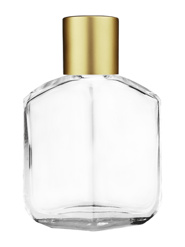 Empty Clear glass bottle with short matte gold cap capacity: 13ml, 1/2oz. For use with perfume or fragrance oil, essential oils, aromatic oils and aromatherapy.