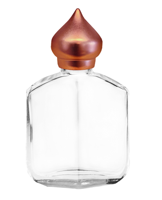 Empty Clear glass bottle with copper minaret dab on cap capacity 13ml.  For use with perfume or fragrance oil, essential oils, aromatic oils and aromatherapy.