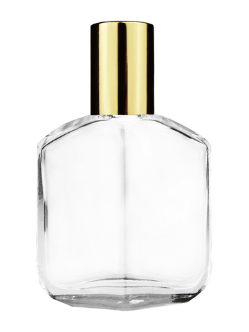 Royal design 13ml, 1/2oz Clear glass bottle with metal roller ball plug and shiny gold cap.