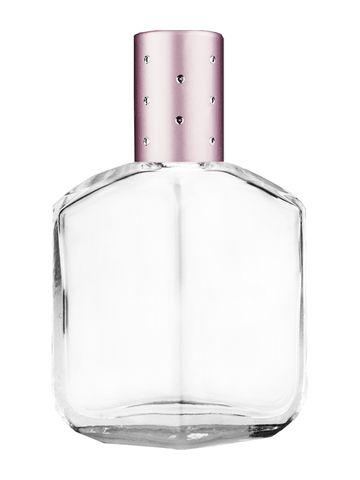 Royal design 13ml, 1/2oz Clear glass bottle with metal roller ball plug and pink cap with dots.