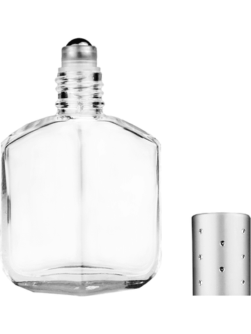 Royal design 13ml, 1/2oz Clear glass bottle with metal roller ball plug and silver cap with dots.