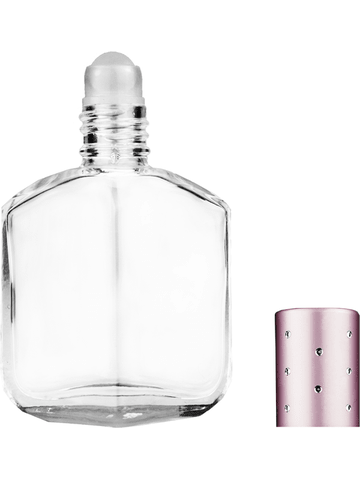 Royal design 13ml, 1/2oz Clear glass bottle with plastic roller ball plug and pink cap with dots.