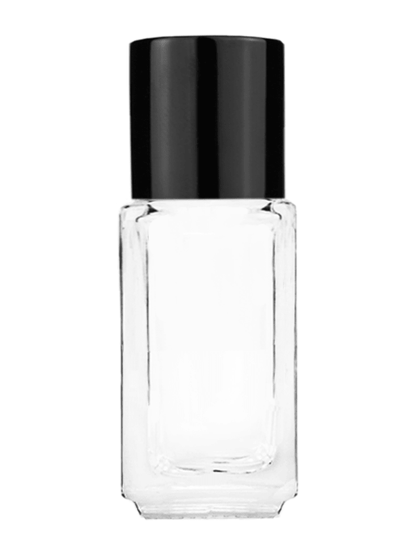 Empty Clear glass bottle with short shiny black cap capacity: 5ml, 1/6oz. For use with perfume or fragrance oil, essential oils, aromatic oils and aromatherapy.