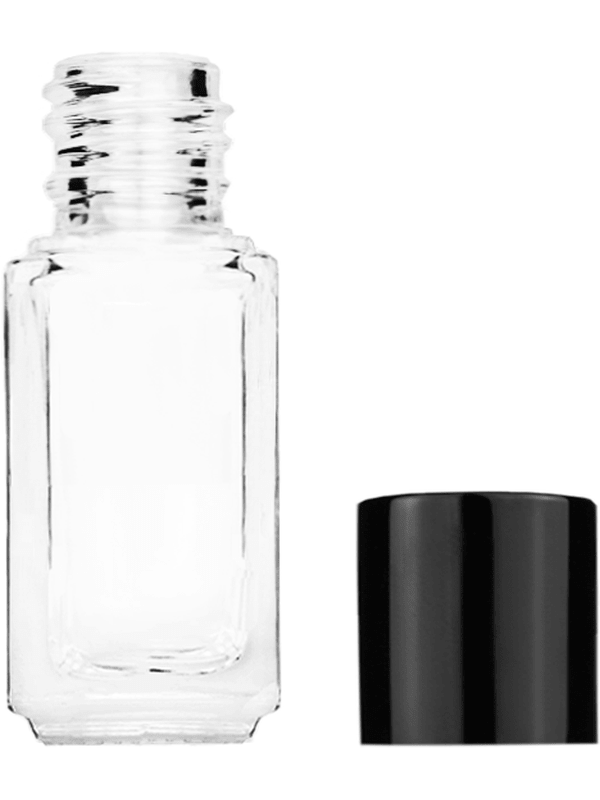 Empty Clear glass bottle with short shiny black cap capacity: 5ml, 1/6oz. For use with perfume or fragrance oil, essential oils, aromatic oils and aromatherapy.