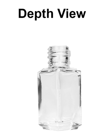 Sleek design 5ml, 1/6oz Clear glass bottle with short black ridged cap.