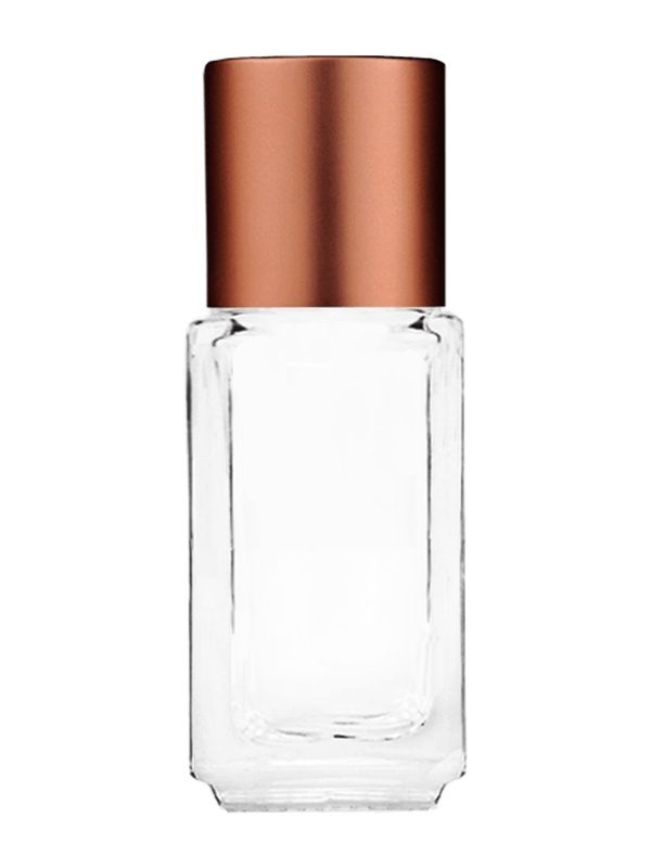 Empty Clear glass bottle with short matte copper cap capacity: 5ml, 1/6oz. For use with perfume or fragrance oil, essential oils, aromatic oils and aromatherapy.