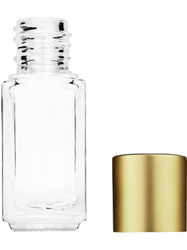 Empty Clear glass bottle with short matte gold cap capacity: 5ml, 1/6oz. For use with perfume or fragrance oil, essential oils, aromatic oils and aromatherapy.