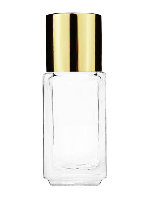 Empty Clear glass bottle with short shiny gold cap capacity: 5ml, 1/6oz. For use with perfume or fragrance oil, essential oils, aromatic oils and aromatherapy.