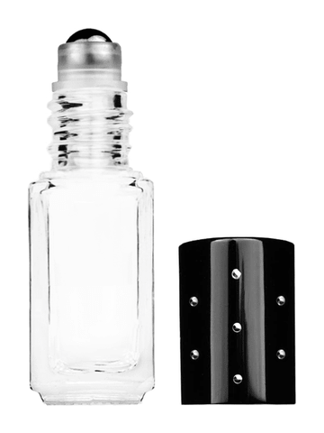 Sleek design 5ml, 1/6oz Clear glass bottle with metal roller ball plug and black shiny cap with dots.