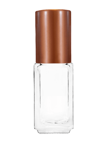 Sleek design 5ml, 1/6oz Clear glass bottle with metal roller ball plug and matte copper cap.