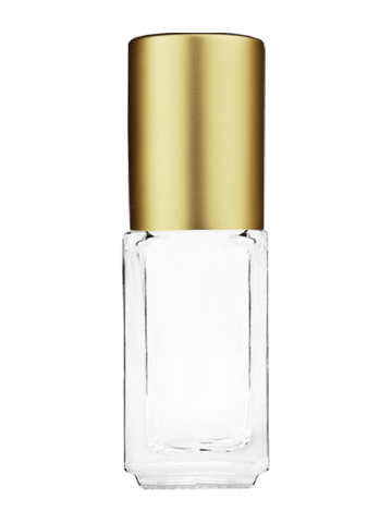 Sleek design 5ml, 1/6oz Clear glass bottle with metal roller ball plug and matte gold cap.