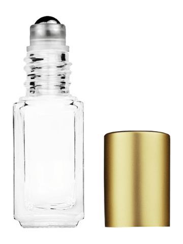 Sleek design 5ml, 1/6oz Clear glass bottle with metal roller ball plug and matte gold cap.