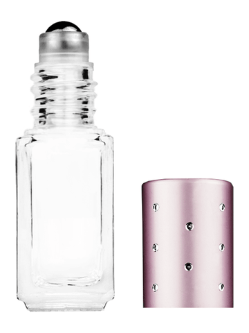 Sleek design 5ml, 1/6oz Clear glass bottle with metal roller ball plug and pink cap with dots.