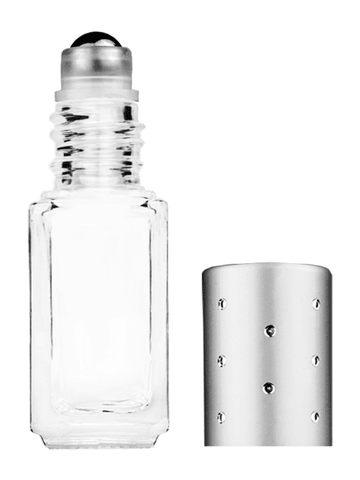 Sleek design 5ml, 1/6oz Clear glass bottle with metal roller ball plug and silver cap with dots.