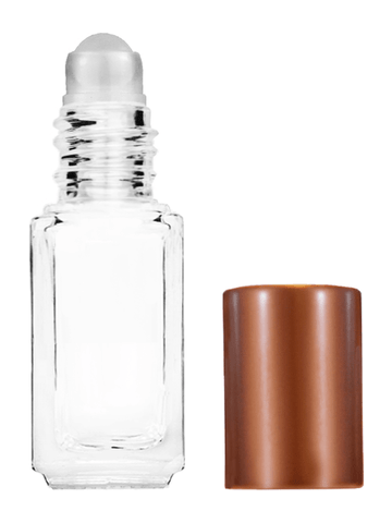 Sleek design 5ml, 1/6oz Clear glass bottle with plastic roller ball plug and matte copper cap.