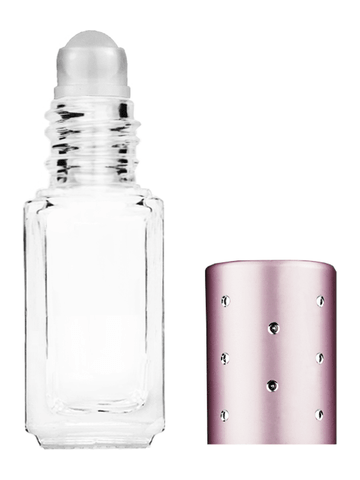 Sleek design 5ml, 1/6oz Clear glass bottle with plastic roller ball plug and pink cap with dots.