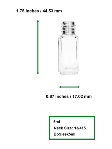 Sleek design 5ml, 1/6oz Clear glass bottle with plastic roller ball plug and silver cap with dots.