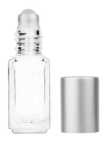 Sleek design 5ml, 1/6oz Clear glass bottle with plastic roller ball plug and matte silver cap.