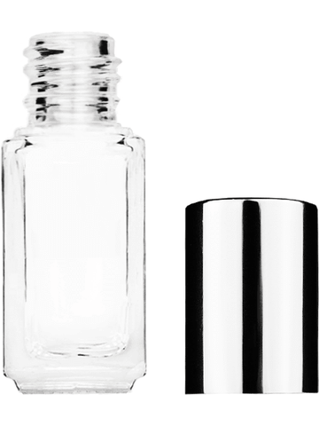 Sleek design 5ml, 1/6oz Clear glass bottle with shiny silver cap.