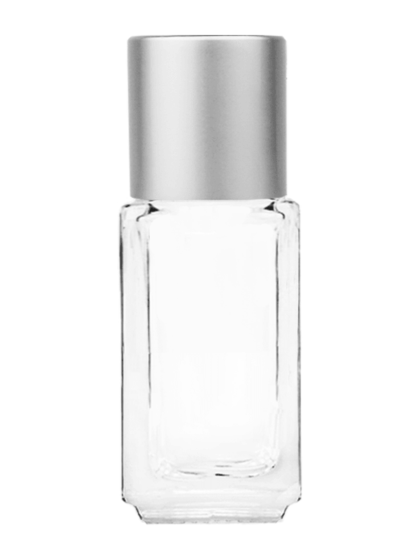 Empty Clear glass bottle with short matte silver cap capacity: 5ml, 1/6oz. For use with perfume or fragrance oil, essential oils, aromatic oils and aromatherapy.