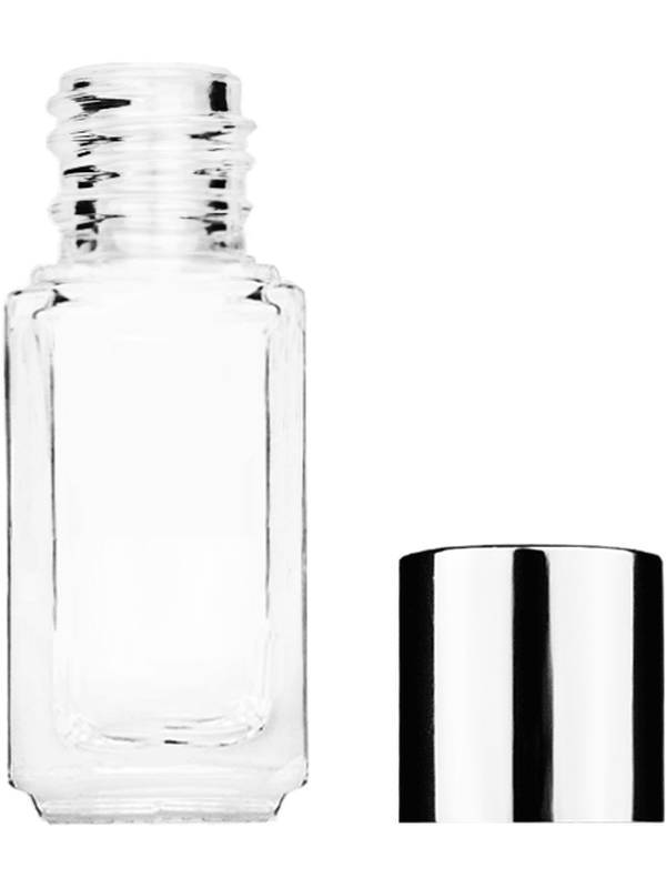 Empty Clear glass bottle with short shiny silver cap capacity: 5ml, 1/6oz. For use with perfume or fragrance oil, essential oils, aromatic oils and aromatherapy.