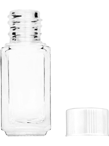 Sleek design 5ml, 1/6oz Clear glass bottle with short white cap.