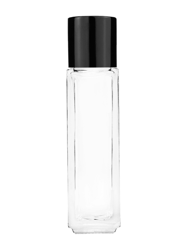 Empty Clear glass bottle with short shiny black cap capacity: 8ml, 1/3oz. For use with perfume or fragrance oil, essential oils, aromatic oils and aromatherapy.