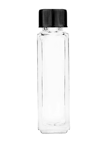 Sleek design 8ml, 1/3oz Clear glass bottle with short black ridged cap.