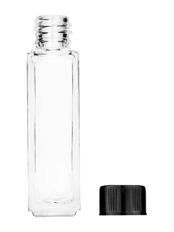 Sleek design 8ml, 1/3oz Clear glass bottle with short black ridged cap.