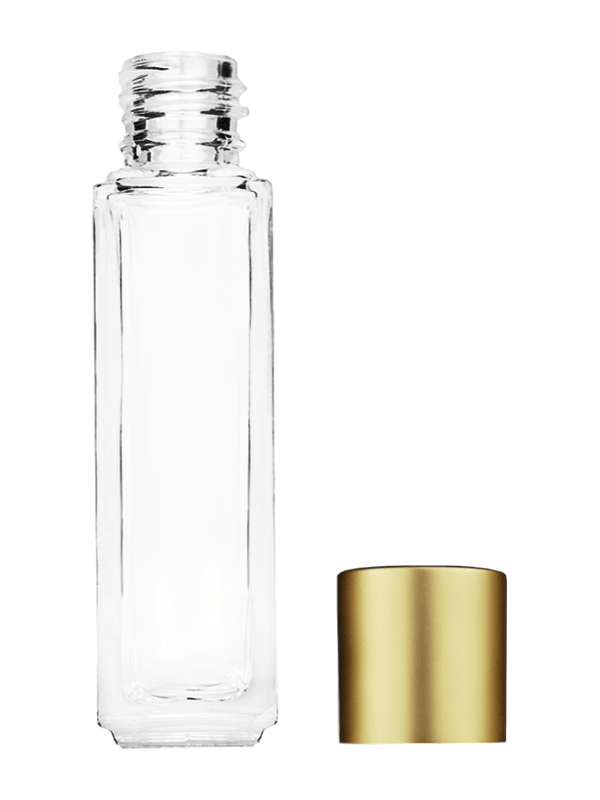 Empty Clear glass bottle with short matte gold cap capacity: 8ml, 1/3oz. For use with perfume or fragrance oil, essential oils, aromatic oils and aromatherapy.