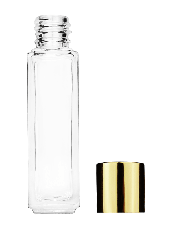 Empty Clear glass bottle with short shiny gold cap capacity: 8ml, 1/3oz. For use with perfume or fragrance oil, essential oils, aromatic oils and aromatherapy.