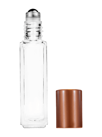 Sleek design 8ml, 1/3oz Clear glass bottle with metal roller ball plug and matte copper cap.