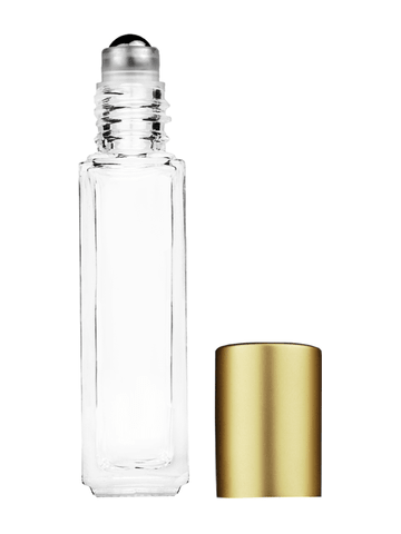 Sleek design 8ml, 1/3oz Clear glass bottle with metal roller ball plug and matte gold cap.