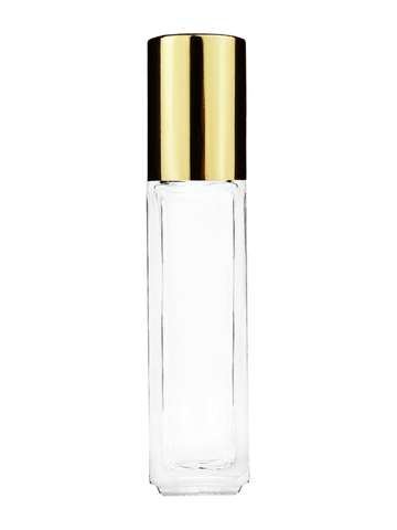 Sleek design 8ml, 1/3oz Clear glass bottle with metal roller ball plug and shiny gold cap.