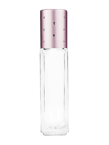 Sleek design 8ml, 1/3oz Clear glass bottle with metal roller ball plug and pink cap with dots.